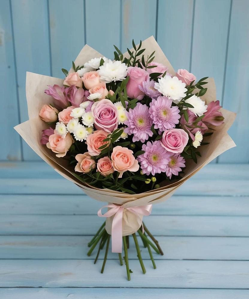 Букет цветов из: Хризантемы, Розы и Альстромерии в Комаровском