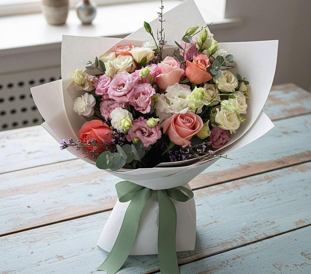 Букет цветов из: Розы, Лизиантусы и Гвоздики в Комаровском