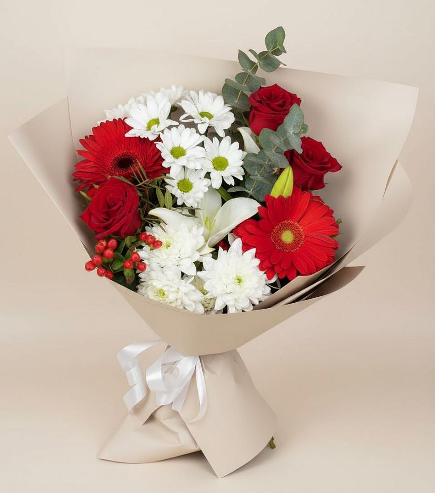 Букет цветов из: Розы, Хризантемы, Герберы и Лилии в Комаровском