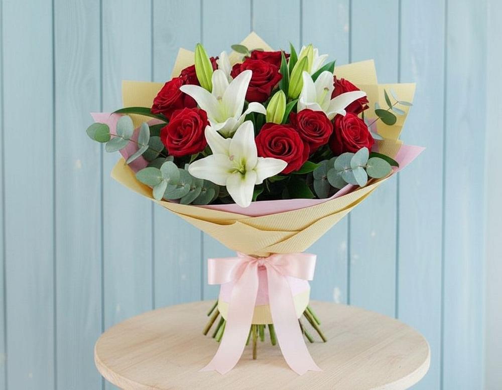 Букет цветов из: Лилии и Розы в Комаровском