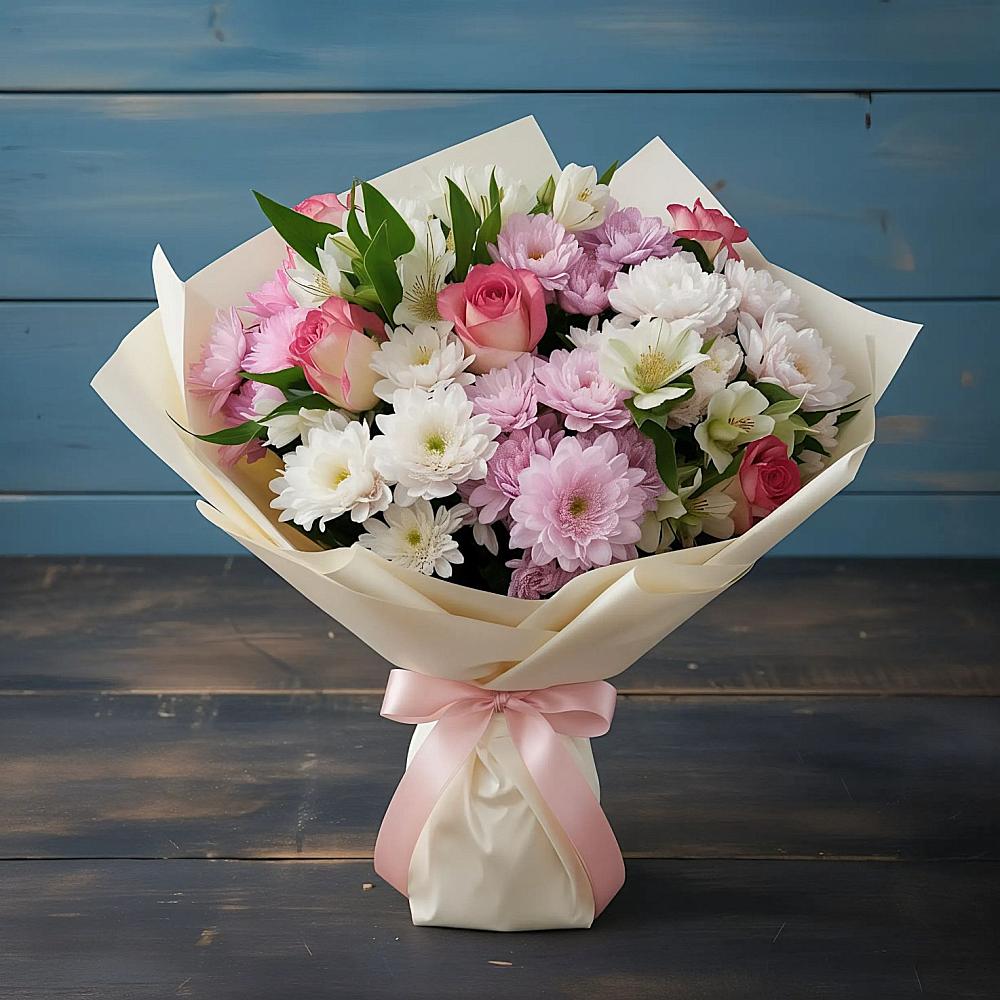 Букет цветов из: Хризантемы, Альстромерии и Розы в Комаровском